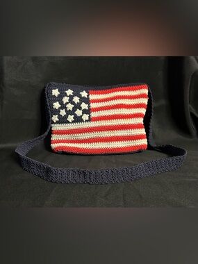 Chateau Woven Crocheted American Flag Crossbody Bag Red White Navy Blue